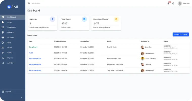 Sivil — Case Dashboard application screenshot